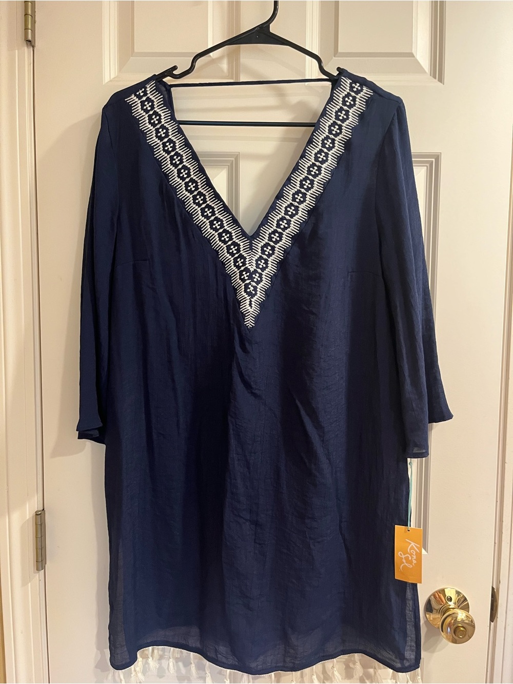 Kona Sol Navy Blue Embroidered V-Neck Swim Coverup